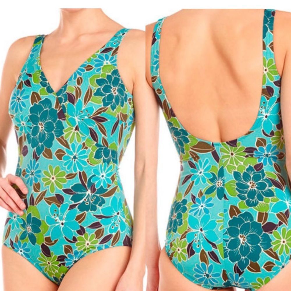 NWOT Miraclesuit Faux Wrap Green Blue Floral One Piece Swimsuit - US 10